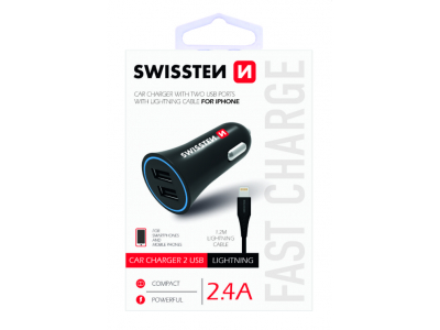 Swissten Auto Lādētājs 12 - 24V / 1A + 2.1A + Lightning Datu Kabelis 1.2m SW-CCH-2.4ALIG-B 8595217467514