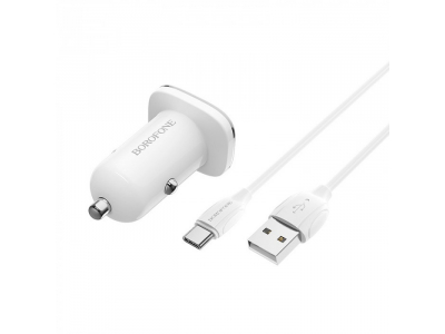 Borofone BZ12A Auto lādētājs QC3.0 USB ar Type-C kabeli 1m White BZ12A 6931474708700