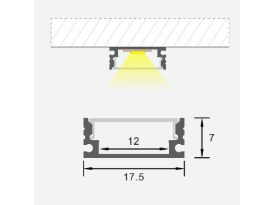 Virsapmetuma / iebūvējams anodēts alumīnija profils LED lentei ar matētu stiklu ģipškartona plāksnēm, flīzēm, mēbelēm utt. / komplektā: stikls, gala vāciņi 2 gab., stiprinājumi 2gab. / 2m x 17.5mm x 7mm HB-17.5X7M 2m 4752233009461