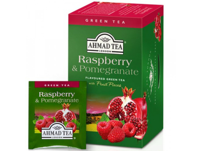 Zaļā tēja AHMAD Alu GREEN Raspberry &amp; Pomegranate, 20 maisiņi paciņā  