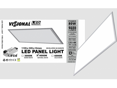 VISIONAL Professional+ LED Panelis 80W / 60 x 120 cm / 9600Lm / 2 x Lifud draiveri komplektā / NEMIRGO / IP44 / IK07 / PF≥0.96 / CRI>80 / 120° / IES Files / 1195 x 595 mm ND-60120-80W+ 4751027171063