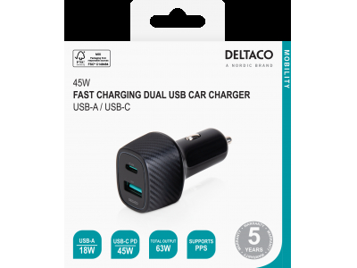 USB car charger DELTACO 1x USB-A 18 W, 1x USB-C PD 45 W, total 63 W / USBC-CAR123 USBC-CAR123 202211221000